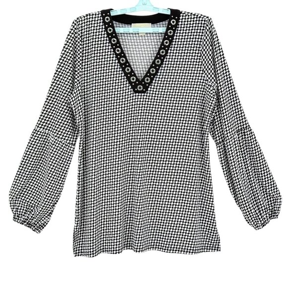 Michael Kors Womens Pullover Stretch Geometric Grommet V-Neck Long Sleeve Top XL - Picture 1 of 10